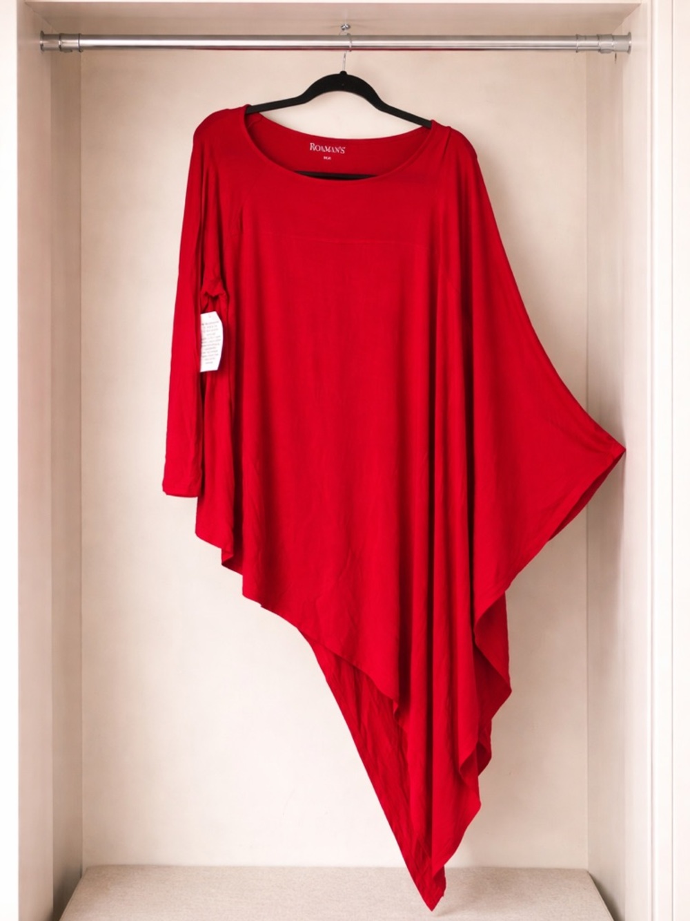 NWT Roaman’s Red Asymmetrical Tunic Top Size L 18/20 Draped Sleeve Flowy Stretch